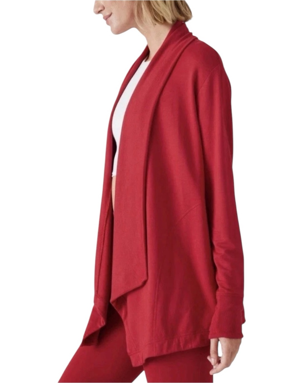 Athleta Raspberry Red Open-Front Longline Thumbhole Draped Cardigan Sweater